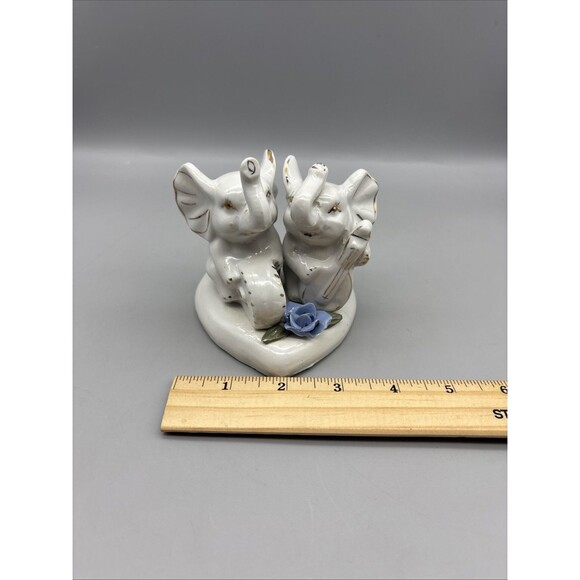Vintage Ceramic Elephant White/Gold Glossy 4” Playing Instrument Rose Heart Base - Picture 7 of 8